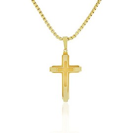 Edforce Stainless Steel Yellow Gold-Tone Classic Statement Cross Mens Necklace