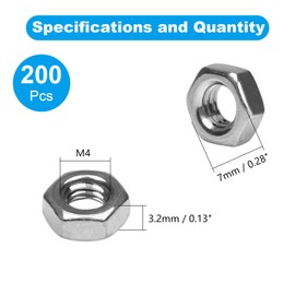 Yinpecly 200pcs M4-0.7 Hex Nut, 304 Stainless Steel Nuts,M4x0.7mm Hex Drive,Metric Coarse Thread Hexagon Nut,Small Nuts Fasteners, Right Hand, M4 Replacement Nut