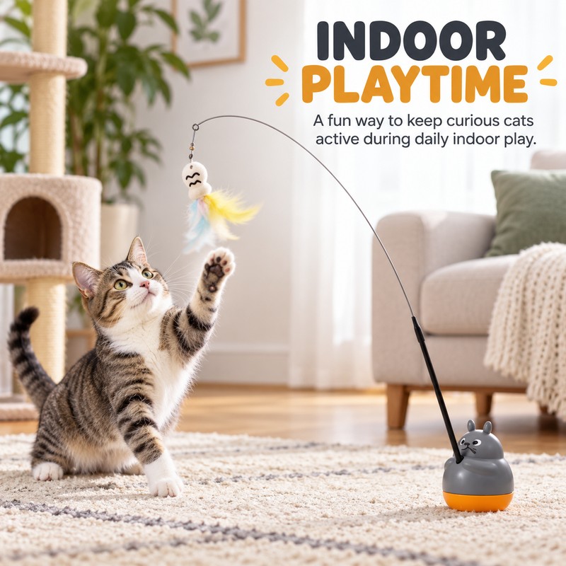 Rotating Base Cat Teaser Wand for Indoor Play – Long
