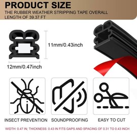 Weather Stripping Door Seal Strip 39.37FT – Self Adhesive Rubber Draft Blocker for Large Gap 0.31"-0.43", Soundproof Tape for Door Window Frame