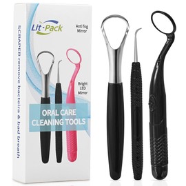 Oral Care Dental Cleaning Kit, Dental Mirror with Light, Explorer Pick, and Tongue Scraper Quality Stainless Steel Dental Tools, Easy-Grip Handle (black mirror)