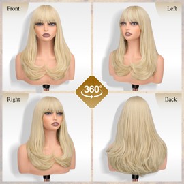 FESHFEN Long Wigs with Bangs, Synthetic Natural Looking Layered Straight Hair Wig for Women Daily Party Use 18 inch, Light Blonde