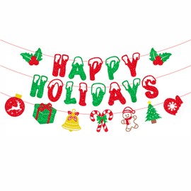 Happy Holidays Banner, Red and Green Glitter Christmas Holiday Banner for Merry Christmas Decoration, Decorative Joy Letters with Gingerbread and Snowflake Design, Wintertime Holiday Festive Garland