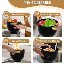 Colander for Kitchen - Strainers and Colanders - 5.5 Quart Metal Colander with Wood Handle - Food Strainer Basket for Draining Pasta, Vegetable, and fruit, Fun Kitchen Gadgets Matte Black