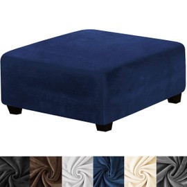 HFCNMY Stretch Velvet Ottoman Cover - Square Washable Slipcover With Elastic Bottom for Storage Footstool in Living Room, Blue, Large
