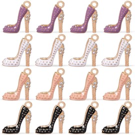 EVERMARKET 16 PCS High Heel Shoe Charms, 4 Colors Enamel Fashion High Heel Shoe Pendants with Rhinestone Keychain Necklace Beads for Women Girls DIY Jewelry Making Crafting
