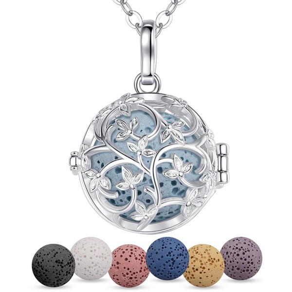 EUDORA Essential Oil Necklaces for Women Tree of Life Diffuser Necklace for Essential Oils Lava Stone Ball Jewelry Aromatherapy Diffuser Pendant Locket Necklace for Girl Gift for Women 24", 7PCS