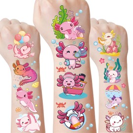 Pink Cute Axolotl Temporary Tattoos - 8 Sheets 200 Pcs Axolotls Birthday Party Decorations Supplies Kawaii Reptile Animals Salamander Tattoo Stickers for Girls Kids School Rewards Gifts