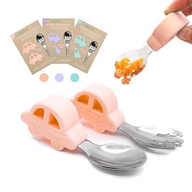 CROCOKID ® DME Ergonomic Baby Car-Shaped Cutlery Set + 12 Months + Spoon + Fork - Peach
