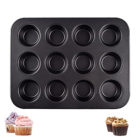 Muffin Baking Mould, Cupcake Cases Non-Stick Coating, Muffin Mould Carbon Steel, Muffin Tray for Small Muffins, Mini Muffins Baking Mould for Cupcakes, Brownies, Black, 24.6 x 18.5 x 2 cm (Black 1)