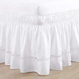 RIMELA White Bed Skirt King Size 18 Inch Drop, Elastic Bed Skirting for Bed Base and Frame, Bedding Dust Ruffle Easy to Install, Lightweight Comforter Set with Wrap Around Adjustable Bedskirt