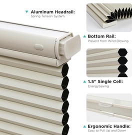 Joydeco No Tools No Drill Blinds for Indoor Windows, Cordless Window Blinds Cellular Shades Top Down Bottom Up Blackout Honeycomb Blinds Thermal Insulated Noise Reduction (Beige, 46" W x 64" H)