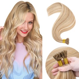 Elailite I Tip Stick Tip Hair Extensions Real Human Hair Straight Remy Hair Cold Fusion - 100 Strands 50g (#12/613 Golden Brown Mix Bleach Blonde, 16 Inch)