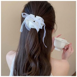 Iaceble Lace Bow Hair Scrunchie Off White Lace Hair Tie Soft Lace Ponytail Holder Scrunchie Elastic Lace Hair Scrunchies Decorative Hair Accessories for Women Headdress