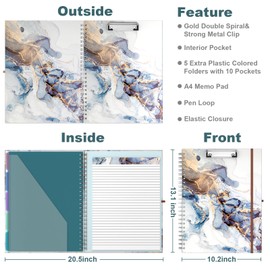 Hongri Clipboard Folio with Refillable Lined Notepad, 8.5 x 11 Folders with Storage 10 Pockets, Spiral Portfolio, Size 12.8X 9.7 in, Office & School Supplies, Grey Marble