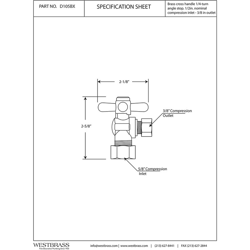 Westbrass D105BX-05 1/4-Turn Cross Handle Angle Stop Shut Off Valve,