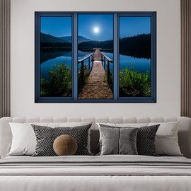 SIGNWIN Removable Wall Sticker/Wall Mural Window View Pier Into Moonlight Forest Lake Nature Wilderness Photography Realism Decorative Landscape Digital Art for Living Room, Bedroom, Office - 24"x32"