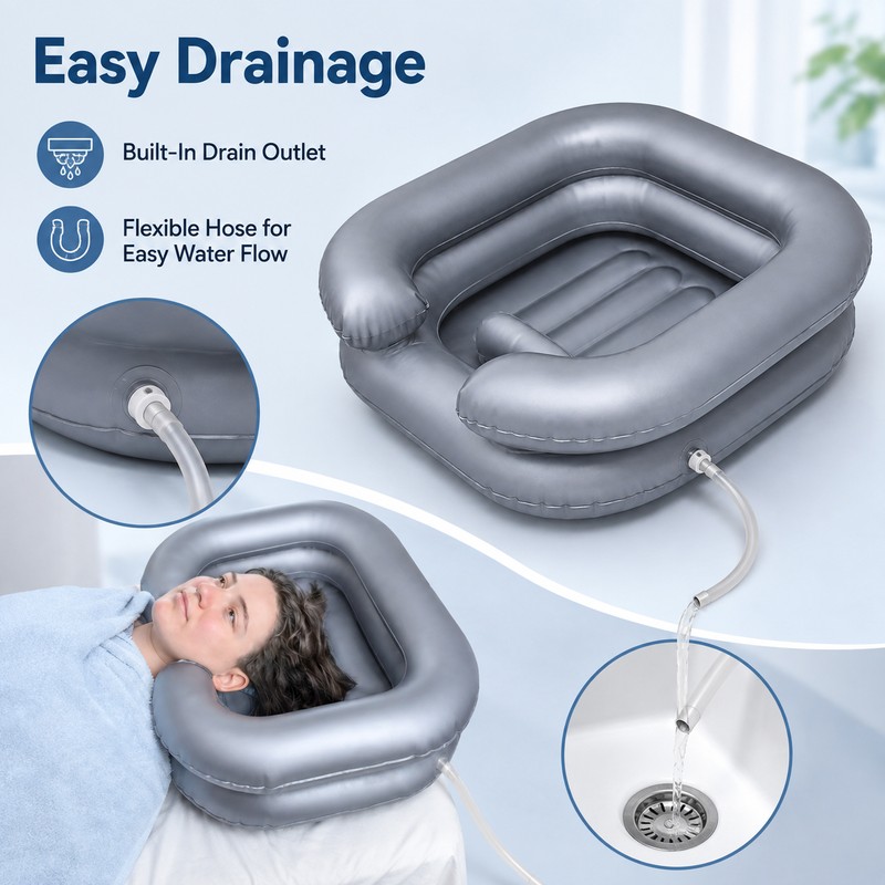 Portable Inflatable Shampoo Basin with Neck Support & Drain Hose