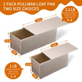 PADELE 2 Pack Pullman Loaf Pan with Lid, 13x4 & 9x4 inch (2.2 lb & 1 lb Dough Capacity), Non-Stick Sandwich Bread Loaf Pan for Homemade Baking Bread, Gold