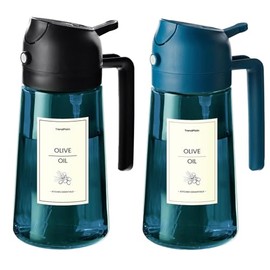 TrendPlain 16oz/470ml Blue Glass Olive Oil Sprayer for Cooking - 2 in 1 Olive Oil Dispenser for Kitchen Gadgets, Air Fryer, Salad, and BBQ (1 Pack, Black & Navy)