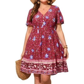 Women's Plus Size Summer Boho Casual Dress Short Sleeve V Neck Button Up Beach Floral Print Swing Flowy Sun Dresses Red