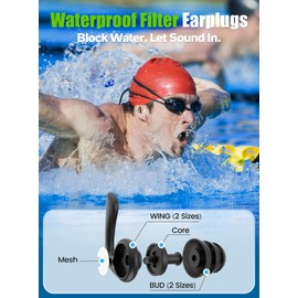 Swimming Ear Plugs, 2 Pairs Waterproof Reusable Silicone Earplugs with Cord & Case for Swimming, Shower, Bathing, Surfing, Pool and Water Sports, Comfortable Fit for Adults, Teens & Kids 9+