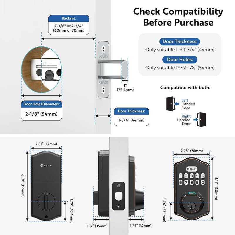 Solity Smart Digital Electronic Deadbolt Door Lock, Keyless Entry, Auto