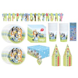 Bluey Birthday Party Supplies Bundle includes 16 Lunch Plates, 16 Lunch Napkins, 16 Paper Cups, 1 Plastic Table Cover, 1 Birthday Banner, 16 Party Cone Hats, 1 Dinosaur Sticker Sheet