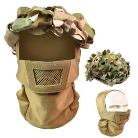 Breathable Balaclava Mesh Mask Cam-ouflage Cover Set Tactical Mask with Full Face Protection Cycling Hood Neck Warmer fits Most Youths and Adults (TAN)