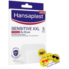 Hansaplast Sensitive XXL – 5 Plaster Strips in Size 8 x 10 cm – Wound Dressing with Good Hold but Gentle to Remove + Free ManyMore Eraser