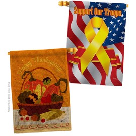 Thanksgiving Basket Burlap House Flag - Pack Falltime Turkey Give Thanks Gobble Pumpkin Season Autumntime Cornucopia Support Our Troops - Banner Small Garden Yard Gift Double-Sided 28 X 40