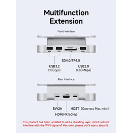 Hagibis Mac mini M4 Hub & Stand with SSD Enclosure, 3 in 1 USB Type-C Docking Station with M.2 NVMe SSD Case, 4K@60Hz HDMI, 10Gbps USB3.2 Gen2, SD4.0, TF4.0, 5V/2A Power Supply for M4 Pro (MC60H)