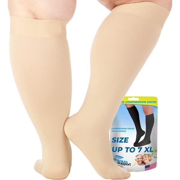 ABSOLUTE SUPPORT Plus Size Opaque Compression Socks for Women and Men 20-30mmHg - Compression Knee High for Diabetic, Lymphedema, Swelling, Pregnancy Circulation - Beige, 3X-Large - A501BE6