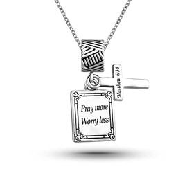 SBI Jewelry Pray More Worry Less Necklace Dangle Women Silver Cross Pendant Anniversary Family Christmas Birthday Matthew 6:34