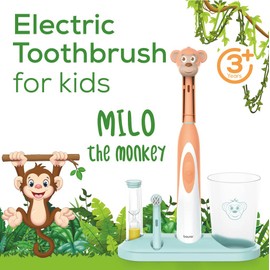 Beurer TB10 Kids Electric Toothbrush Kit - Fun Milo The Monkey Cap with 2 Extra-Soft Brush Heads to Help Remove Plaque, 2 Minute Timer, and Rinse Cup, BPA-Free, Safe for Ages 3+