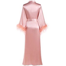 PRODESIGN Satin Kimono Robe Long Silky Bath Robe with Ostrich Feather Trim Sleepwear Wedding Bridesmaid Robe Pink