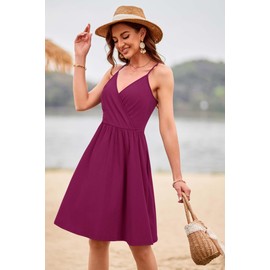 VOTEPRETTY 2024 Summer Women's V-Neck Spaghetti Strap Dress Fashion Casual Swing Hawaiian Beach Sundress with Pockets Outfits(Red Purple-M)