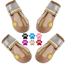 QUMY Dog Shoes for Large Dogs, Medium Dog Boots & Paw Protectors for Winter Snowy Day, Summer Hot Pavement, Waterproof in Rainy Weather, Outdoor Walking, Indoor Hardfloors Anti Slip Sole Khaki 6