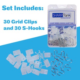 SHARP TANK Clear Grid Clips with Drop Ceiling Hooks for Hanging |60 Pc Ceiling Hook Kit - 30 clips, 30 hooks | Classroom Ceiling Hooks for Hanging Decorations and Office Decore from Drop Ceiling T-Bar