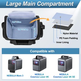 CURMIO Projector Storage Case Compatible with Nebula Mars 3/Cosmos Laser 4K/SE, Portable Carrying Bag with Multiple Pockets for Accessories, Bag Only, Black
