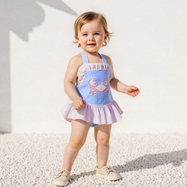 Baby Girl Crab Outfit Crawfish Embroidery Sleeveless Plaid Romper Dress Halter Ruffle Bodysuit Newborn Summer Clothes (Blue, 0-3 Months)