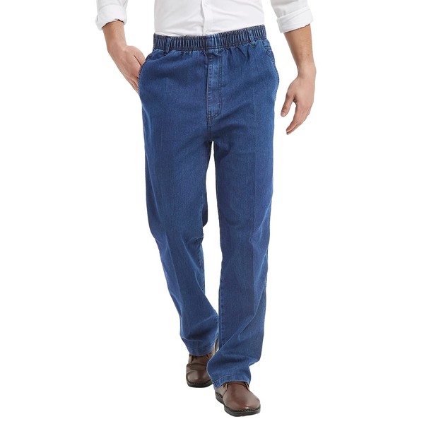 IDEALSANXUN Jeans de cintura elástica para hombre, pantalones casuales de sarga, Azul/claro, 44W x 30L