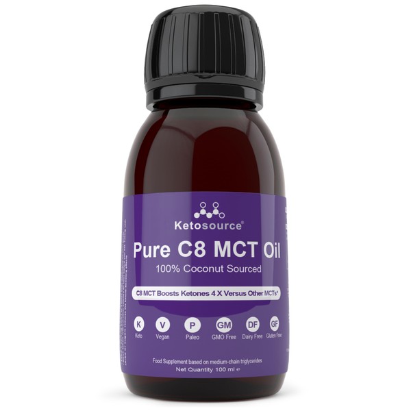 Pure C8 MCT Oil | Boosts Ketones 4X Versus Other MCTs | Supports Keto & Fasting | Highest 99%+ Purity | 100% Coconut Sourced | Vegan Safe & Gluten Free | Premium Lab Tested Purity | 100ml Ketosource®