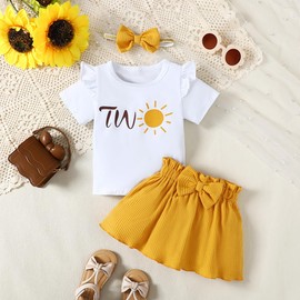 Aslaylme Baby Girl Two Year Old Birthday Outfit Toddler 2nd Birthday Clothes Second Birthday Sun Skirt Set (Yellow,2 T)