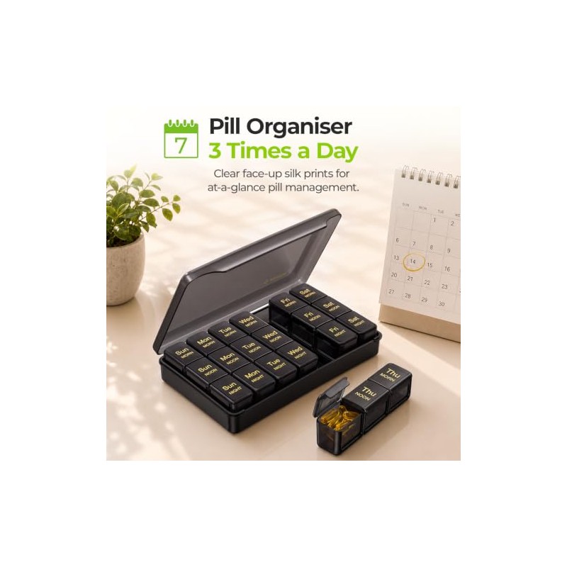 AUVON Weekly Pill Organiser 3 Times a Day, Face-Up Labels