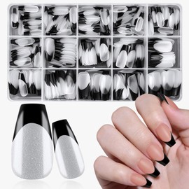 Bellelfin 300PCS Coffin Nail Tips Black French Tip Press on Nails Medium Fake Nails Press ons, Soft Gel Nail Tips Coffin Clear Nails, Matte French Tip Nails for Nail Extensions