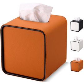 GORESE Square Tissue Box Cover for Kleenexs, PU Leather Tissue Box Holder, Decorative Tissue Holder Cover for Bathroom Bedroom Living Room Office, Orange