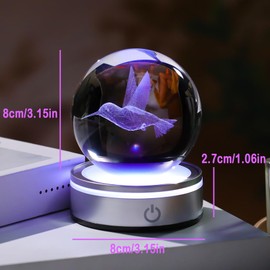 Crystal 3D Hummingbird 3.15in Ball Figurine Gifts for Women Wife, Collectible Glass Animal Art Sphere for Room with LED Light Base, Keepsakes for Bird Lovers Home Decor Paperweight