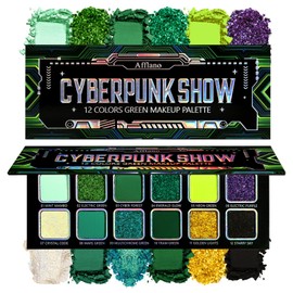 DE'LANCI Green Eyeshadow Palette, Cyber Green Makeup Palette, Multichrome Glitter & Mat, 12 Colours Bright Holographic, Pigmented Neon Green, Yellow and Purple Shades, Vegan