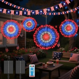 4th of July Decorations Solar Firework Lights, 4 Pack 720LED 8 Modes Red White Blue Patriotic Light Waterproof with Remote Timer Hanging Fireworks Lights for Outdoor Independence Day Memorial Day